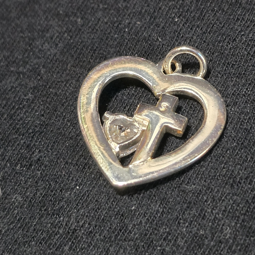 Silver Heart Pendant with Cross and Crystal Accent - Picture 7 of 8